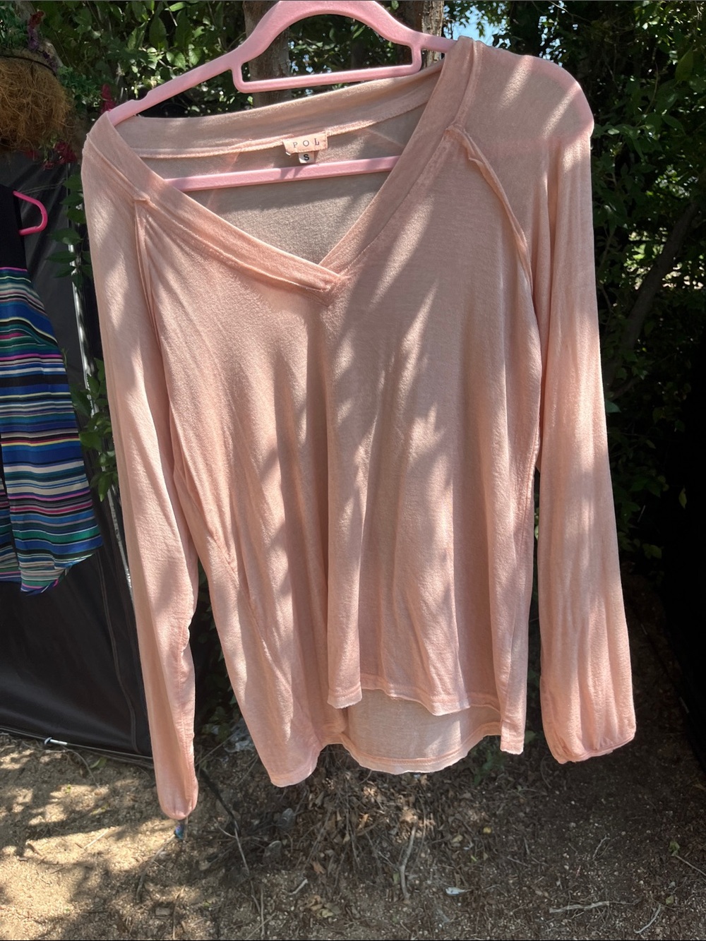 POL Women's Pastel Pink V-Neck Long Sleeve Top